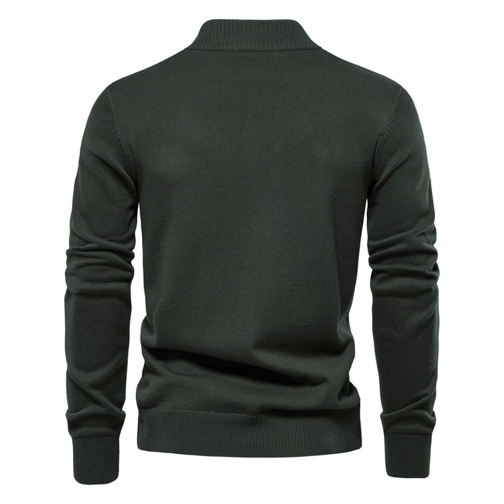 Dark green stretch cotton cardigan with a stand collar, ribbed cuffs, and a structured regular fit, shown from the back.