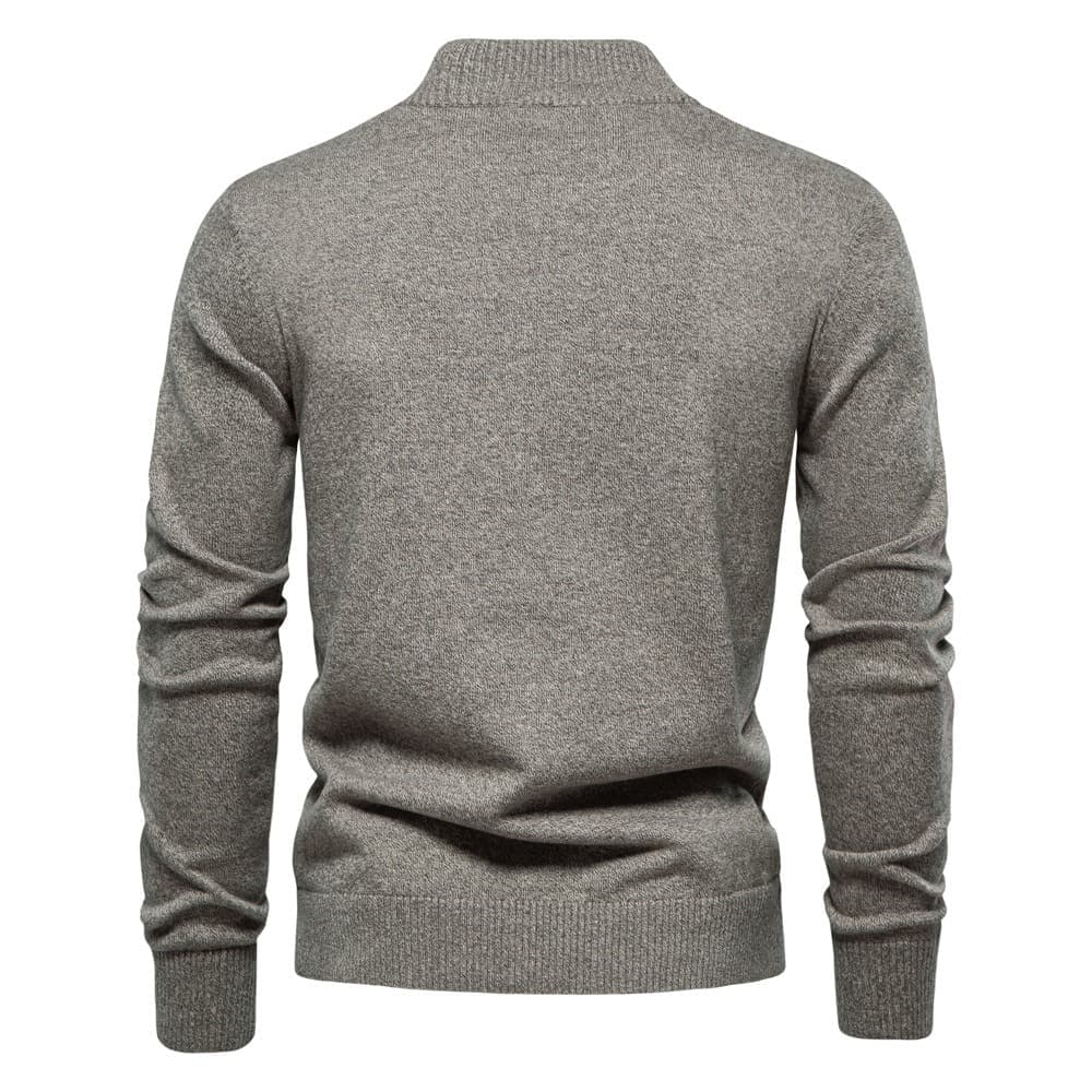 Back view of a grey stretch cotton knit cardigan featuring a structured stand collar and ribbed cuffs and hem.