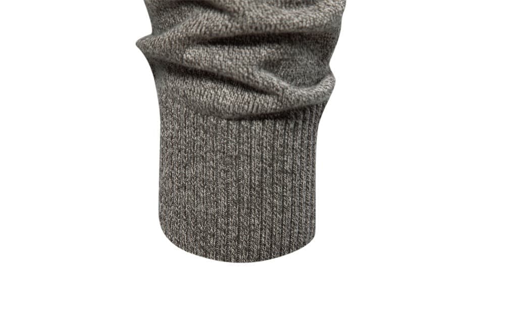 Grey stretch cotton knit cardigan sleeve with a structured ribbed cuff.