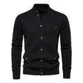 Black stretch cotton cardigan featuring a stand collar, full button front, and two utility-style flap pockets in a regular fit.