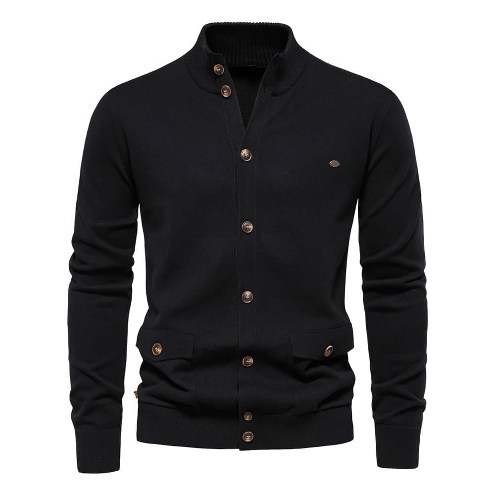 Black stretch cotton cardigan featuring a stand collar, full button front, and two utility-style flap pockets in a regular fit.