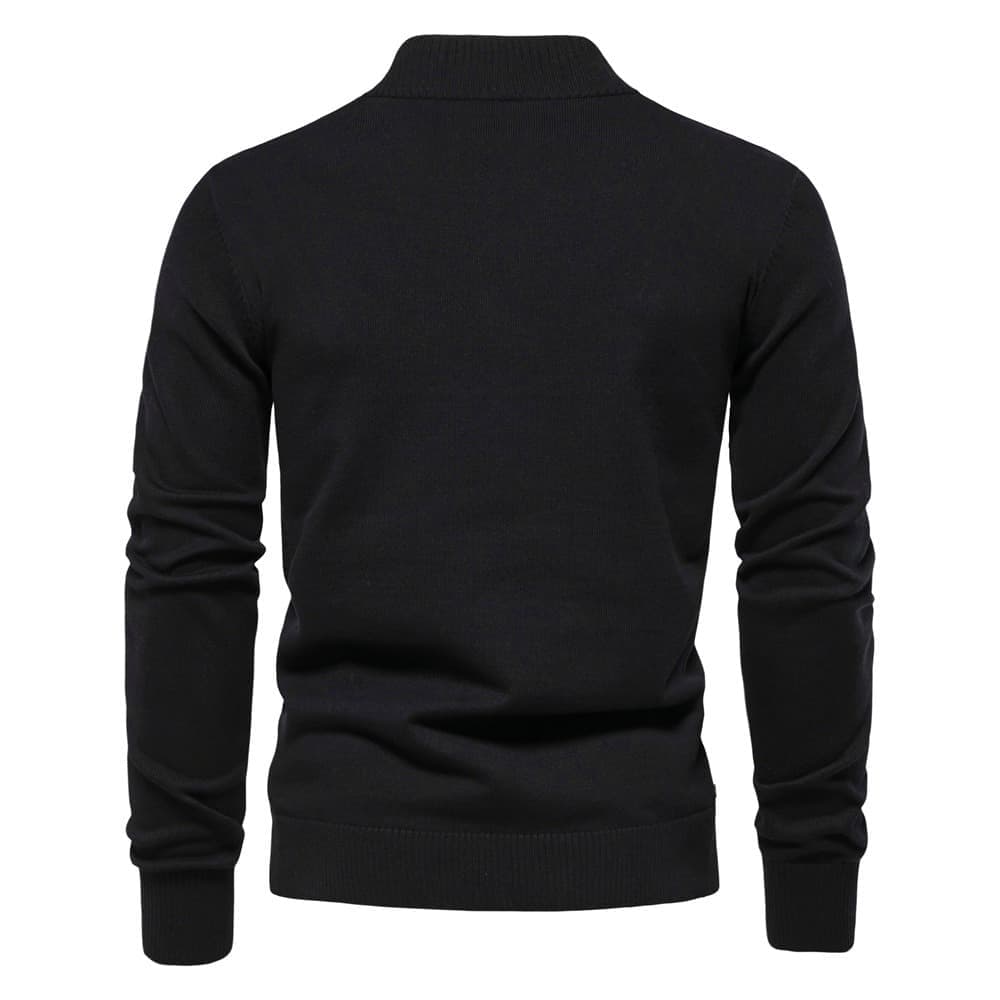 Back view of a black stretch cotton knit cardigan with a stand collar, ribbed cuffs, and a tailored regular fit.