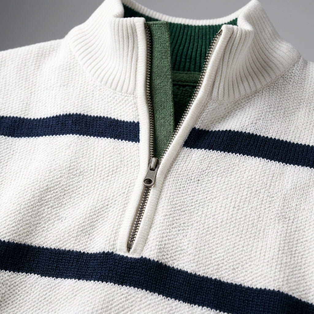 Close-up of the ribbed stand collar and quarter-zip detail on a white and navy striped sweater