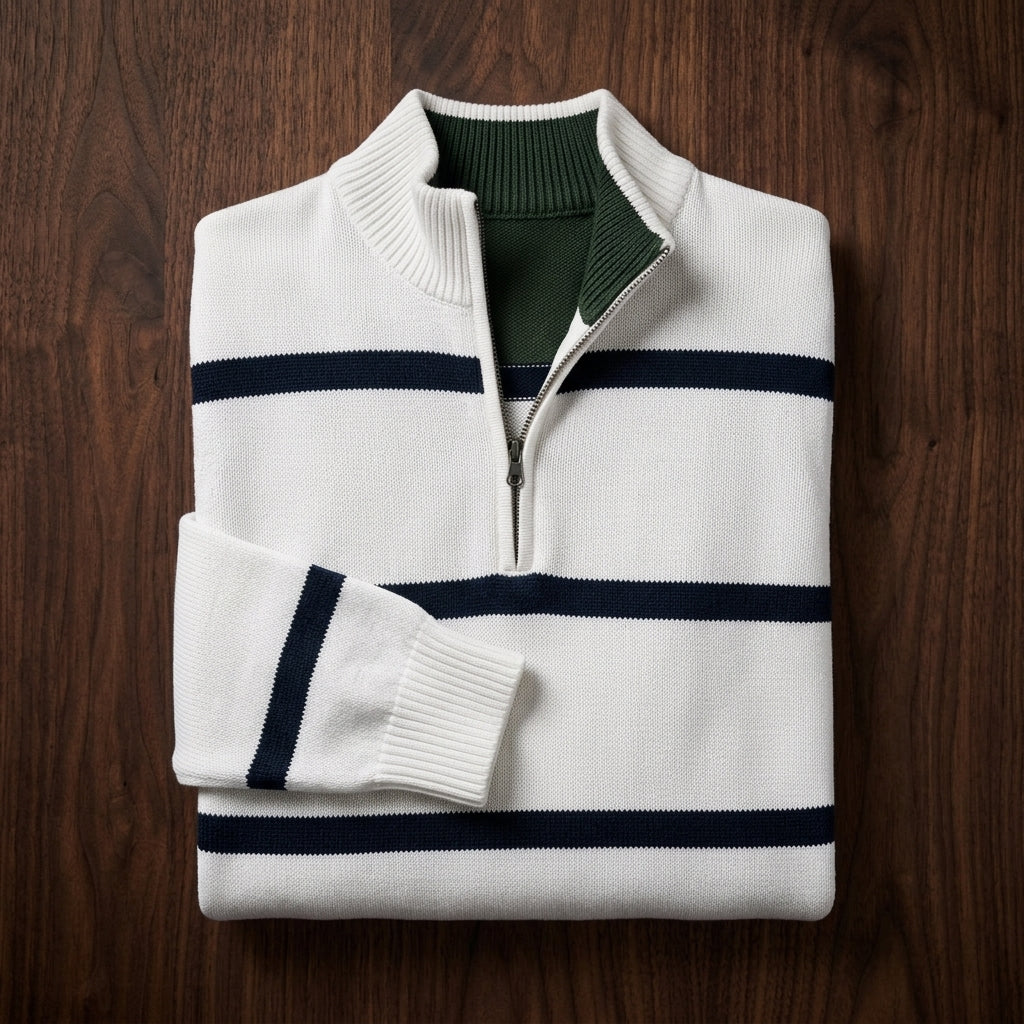Folded white and navy striped cotton quarter-zip sweater with ribbed collar and cuffs