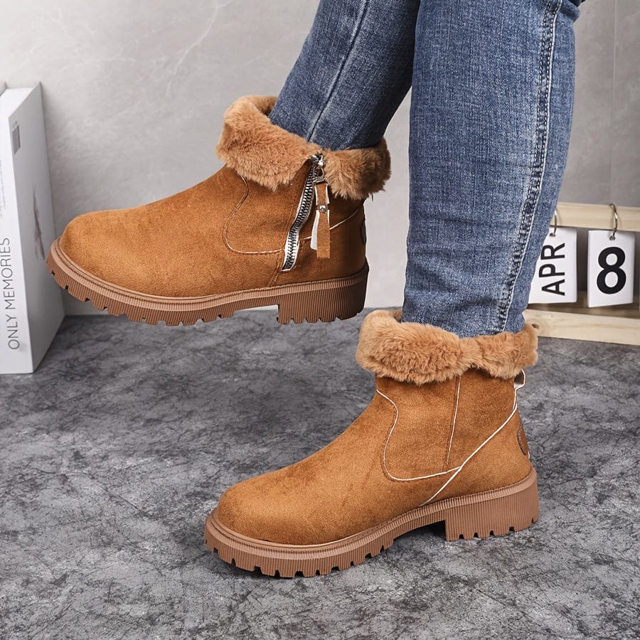 Brown fleece-lined suede ankle boots for women showing the side zip and folded fur collar
