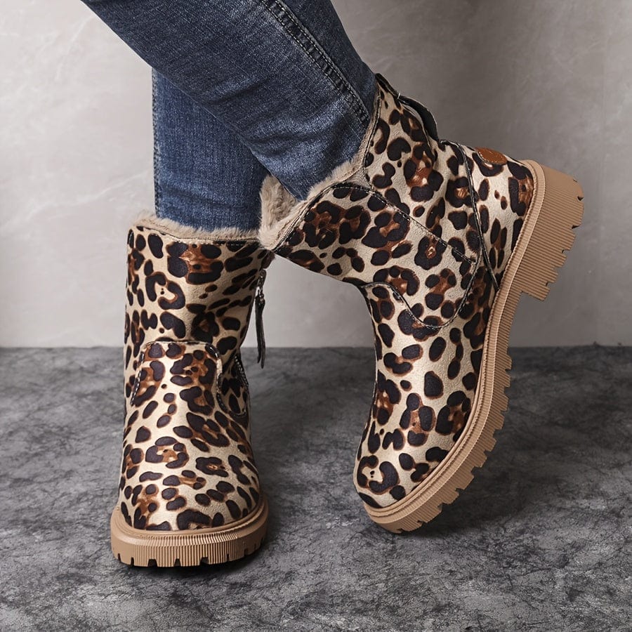 Leopard print fleece-lined ankle boots for women showing the side zip and fur-trimmed collar