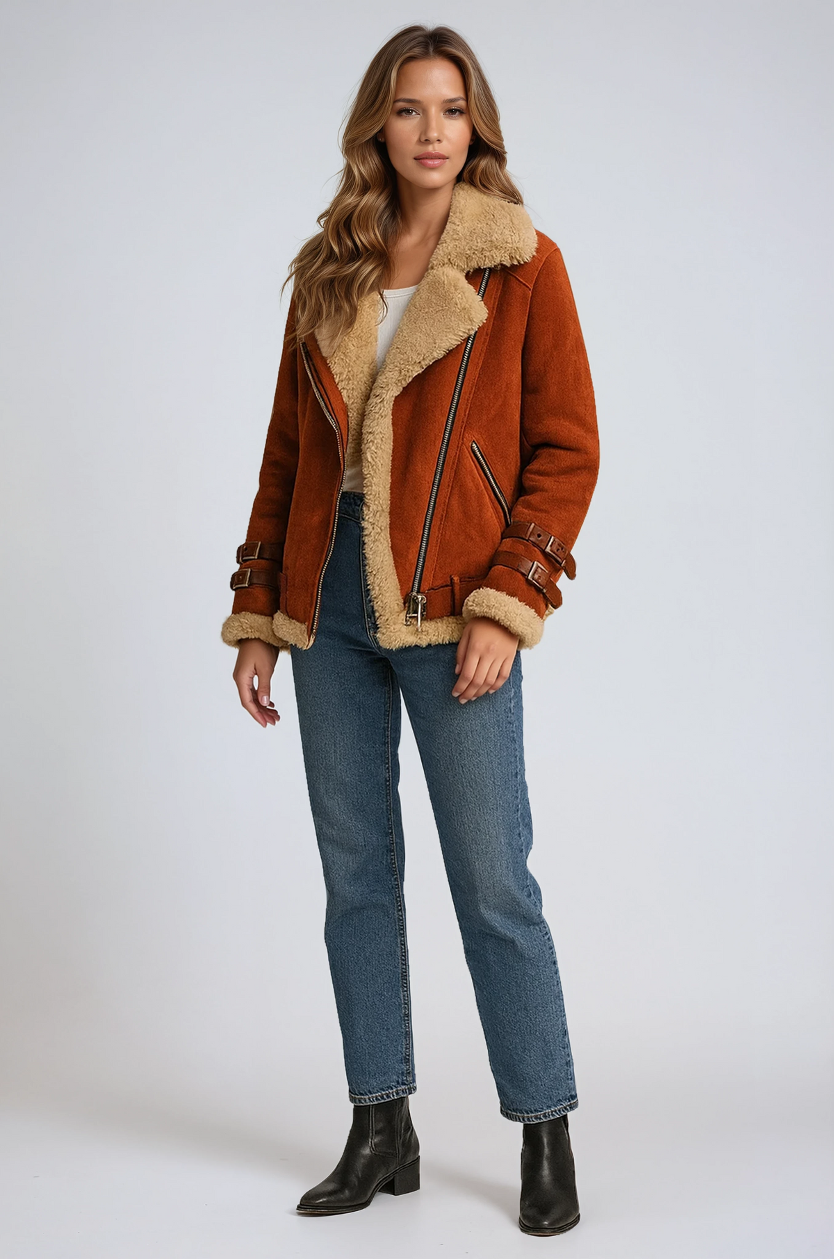 Orange-colored suede aviator jacket with plush shearling lining, wide collar, side zip closure, and buckled cuff details.