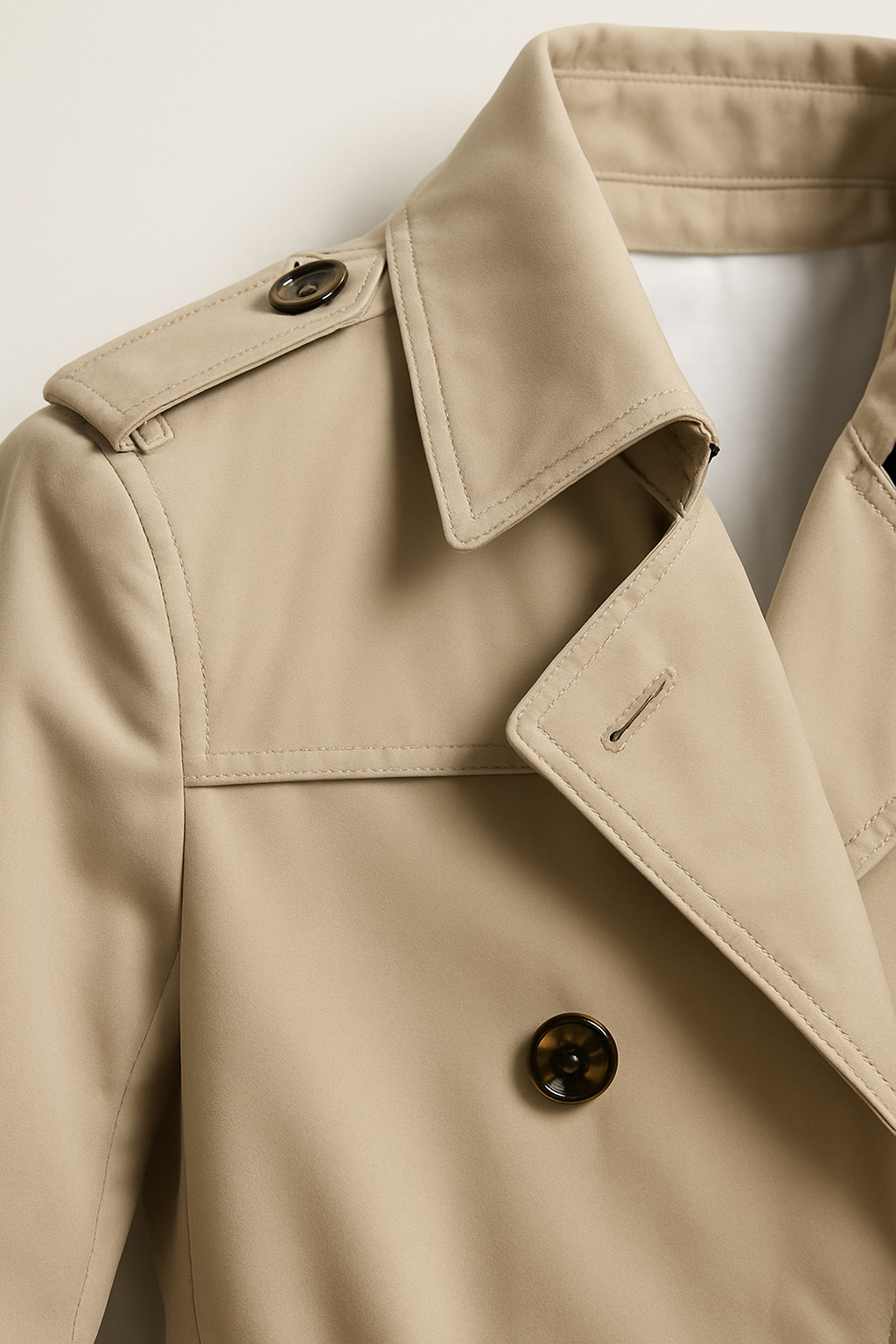 Close-up of the beige Tailored Belted Trench Coat showing the notched lapel, shoulder epaulet, single-breasted button front, and structured collar.