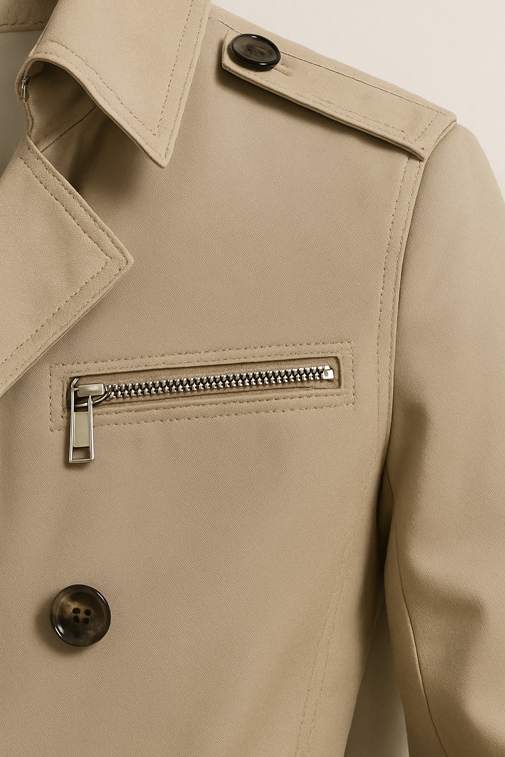 Close-up of the beige Tailored Belted Trench Coat highlighting the zip chest pocket, button closure, and tailored front panel.