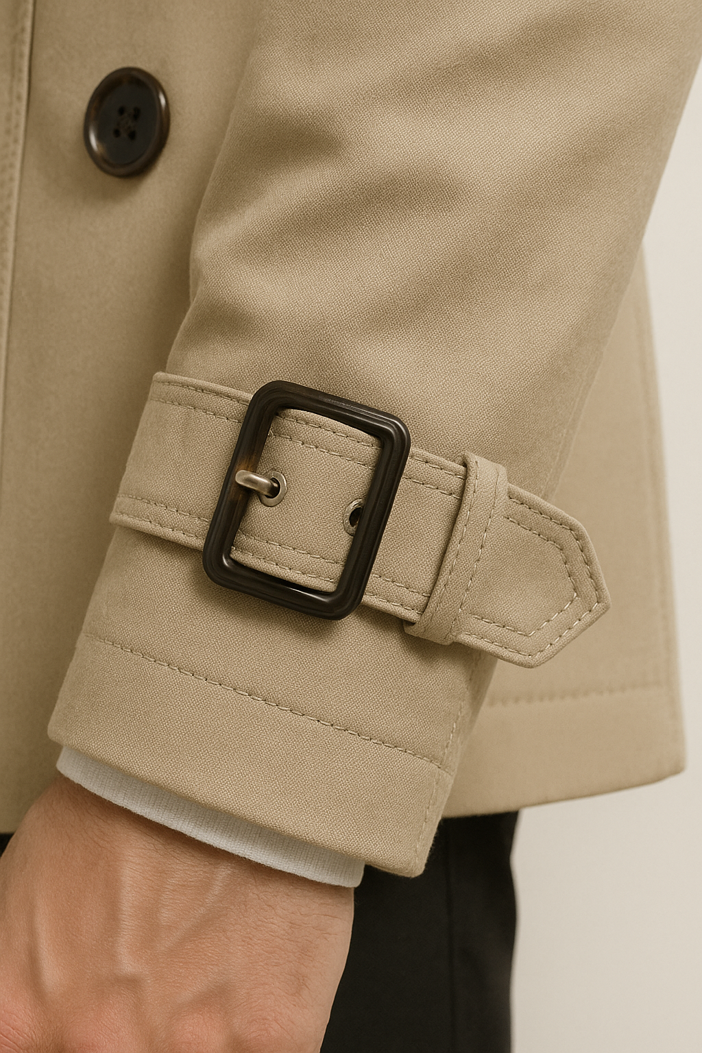 Close-up of the beige Tailored Belted Trench Coat sleeve showing the buckle cuff strap and adjustable cuff detail.