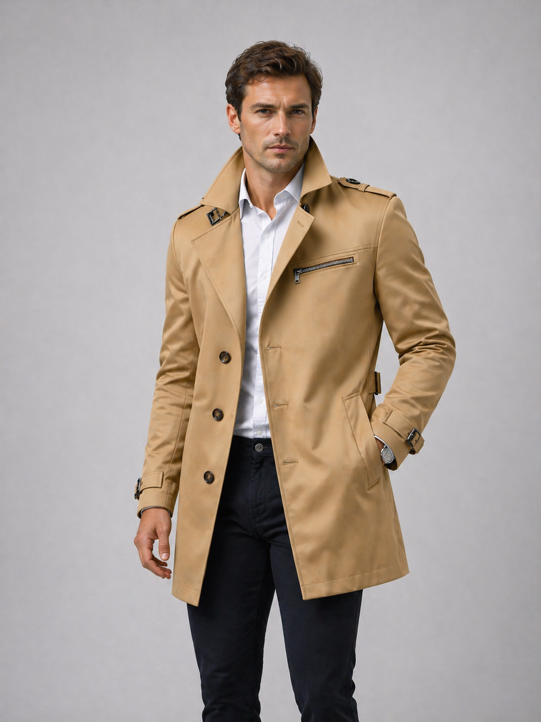 Dark Beige Tailored Belted Trench Coat worn by a male model, featuring a single-breasted front, belted waist, side pockets, and buckle cuff straps.