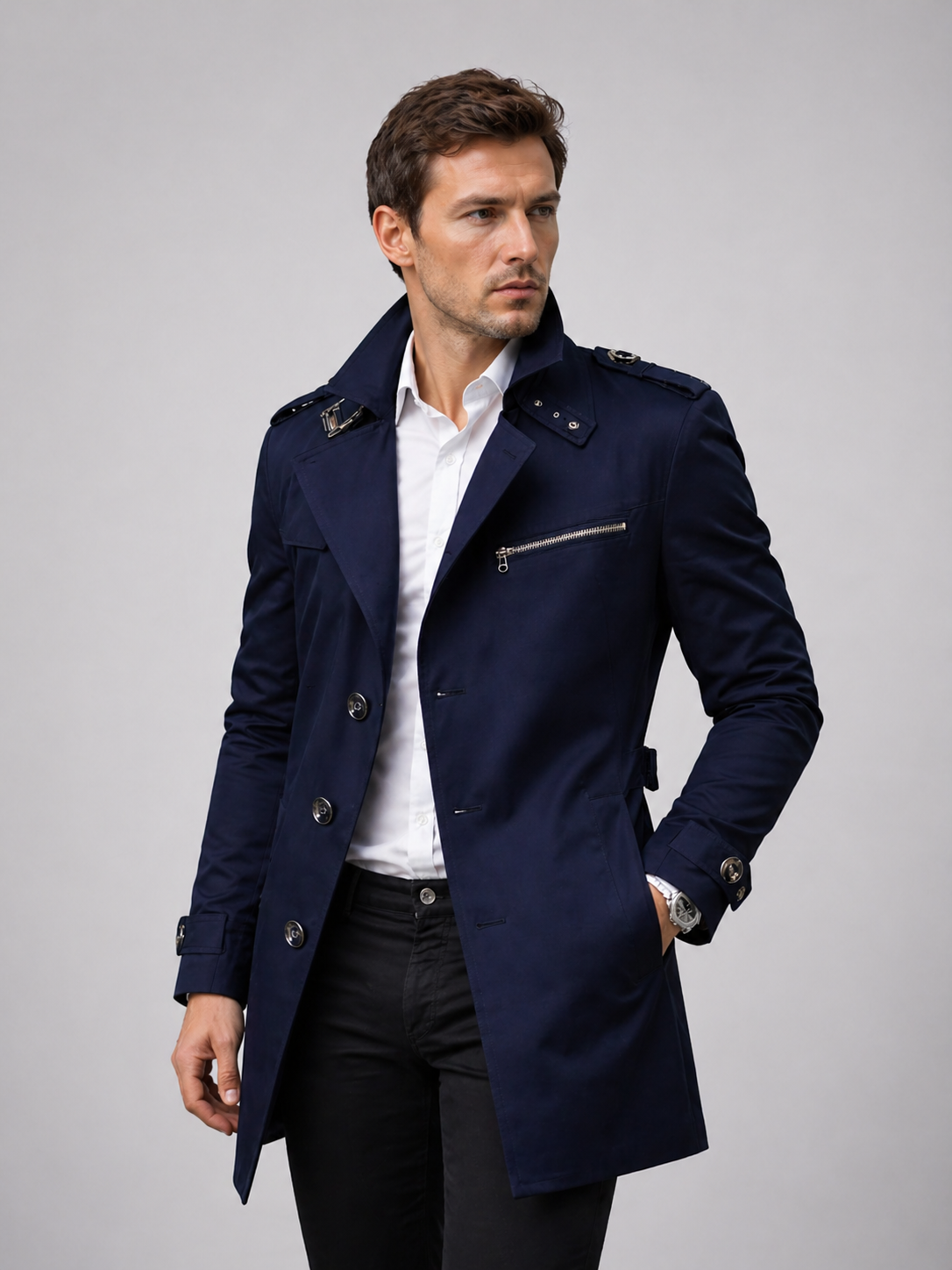 Navy Tailored Belted Trench Coat worn by a male model, featuring a single-breasted front, belted waist, side pockets, and buckle cuff straps.