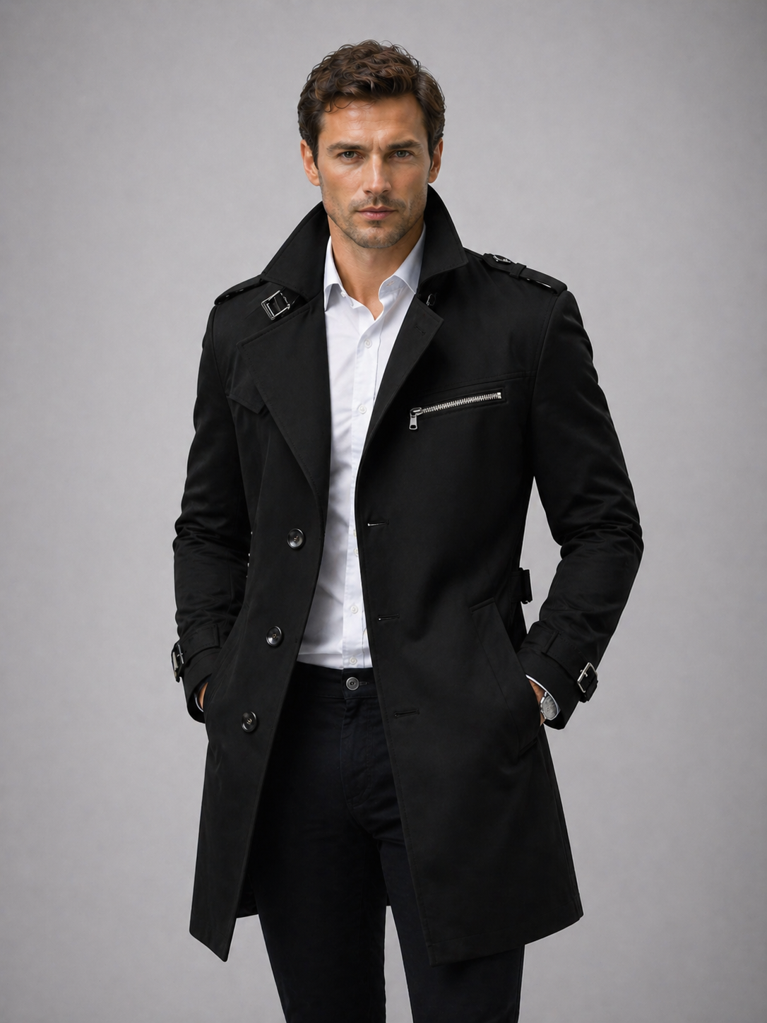 Black Tailored Belted Trench Coat worn by a male model, featuring a single-breasted front, belted waist, side pockets, and buckle cuff straps.