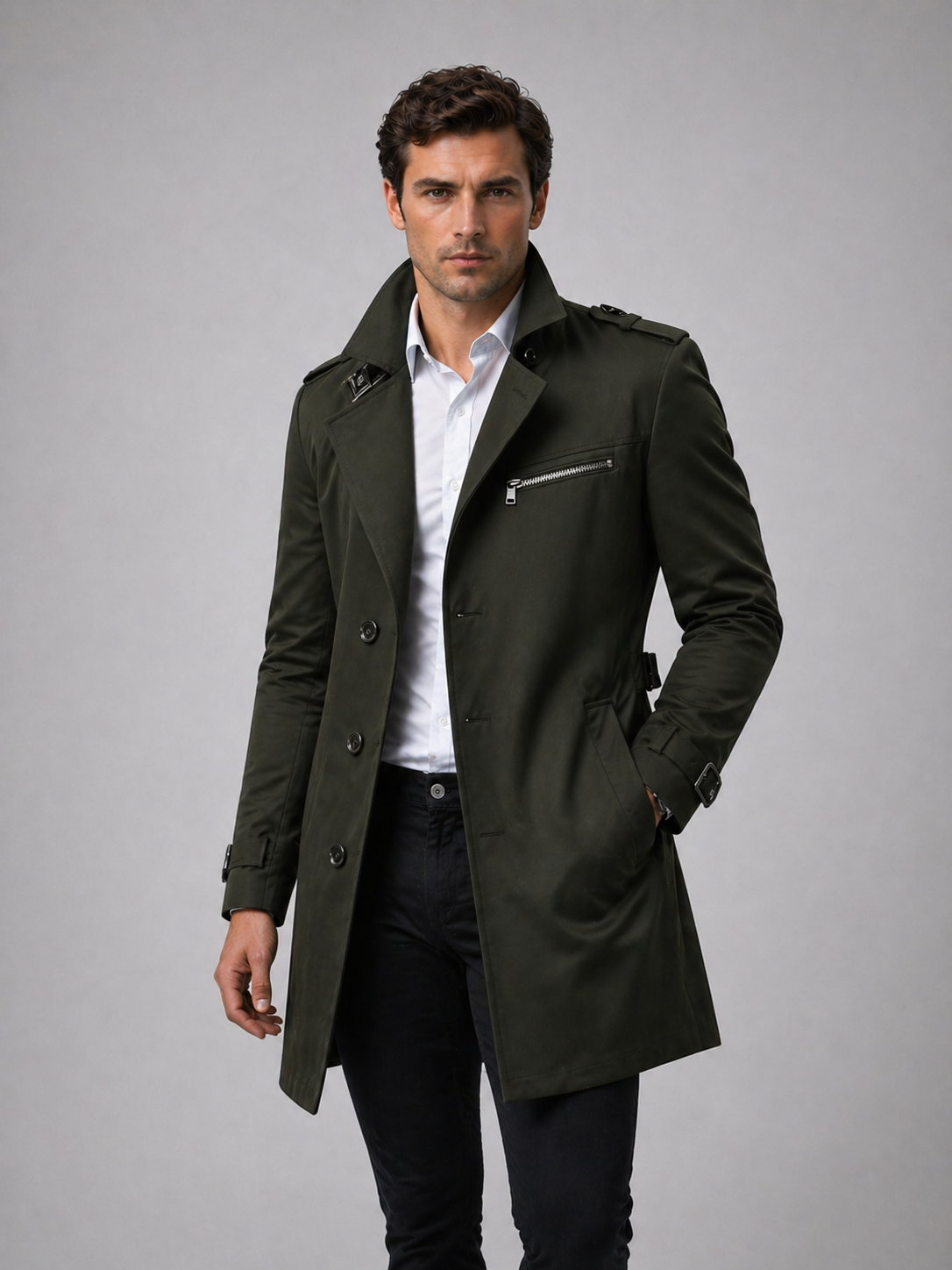 Dark green Tailored Belted Trench Coat worn by a male model, featuring a single-breasted front, belted waist, side pockets, and buckle cuff straps.