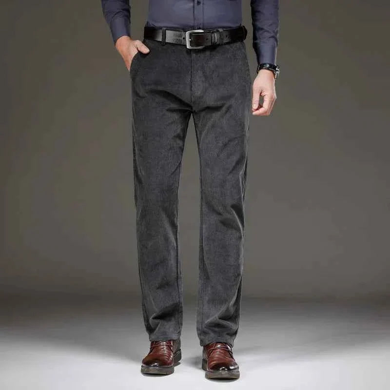 Gray tailored corduroy pants with straight-leg fit and front pockets