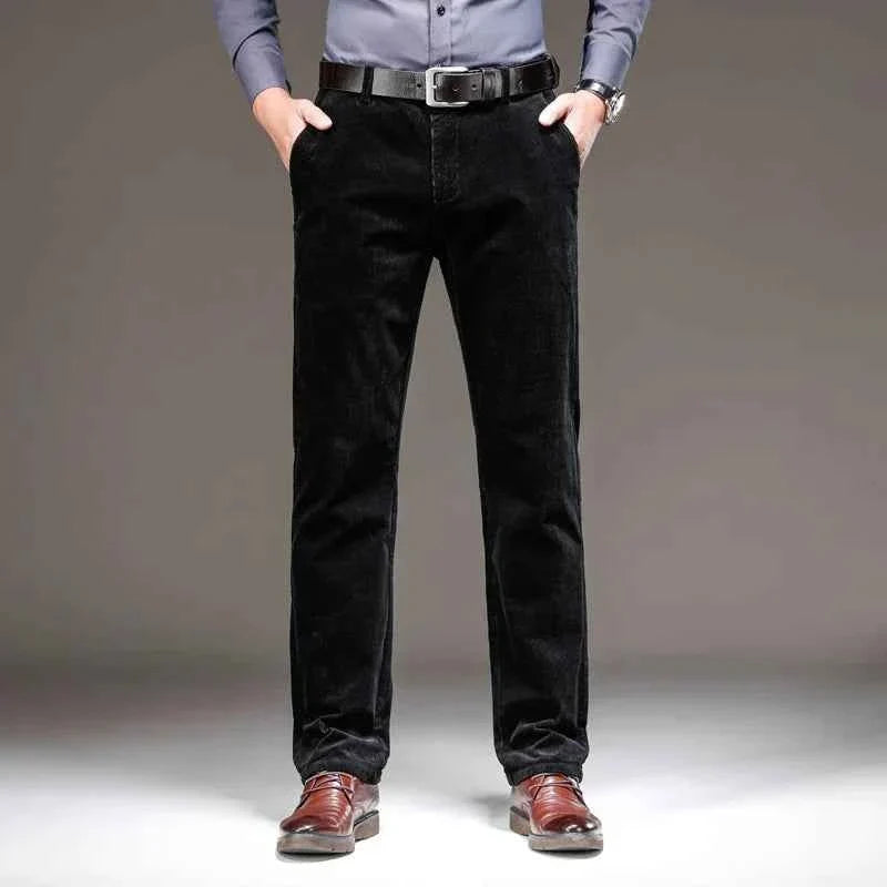 Black tailored corduroy pants with zip fly and button closure