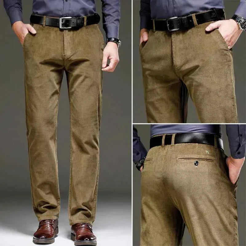 Olive-brown corduroy pants displayed with front and back views