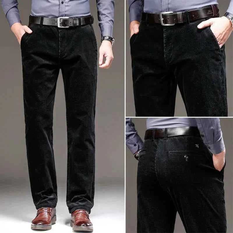 Black corduroy pants displayed with front and back views