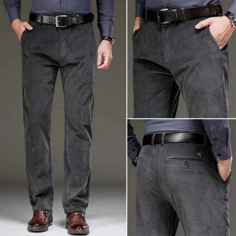 Gray tailored corduroy pants displayed with front and back views