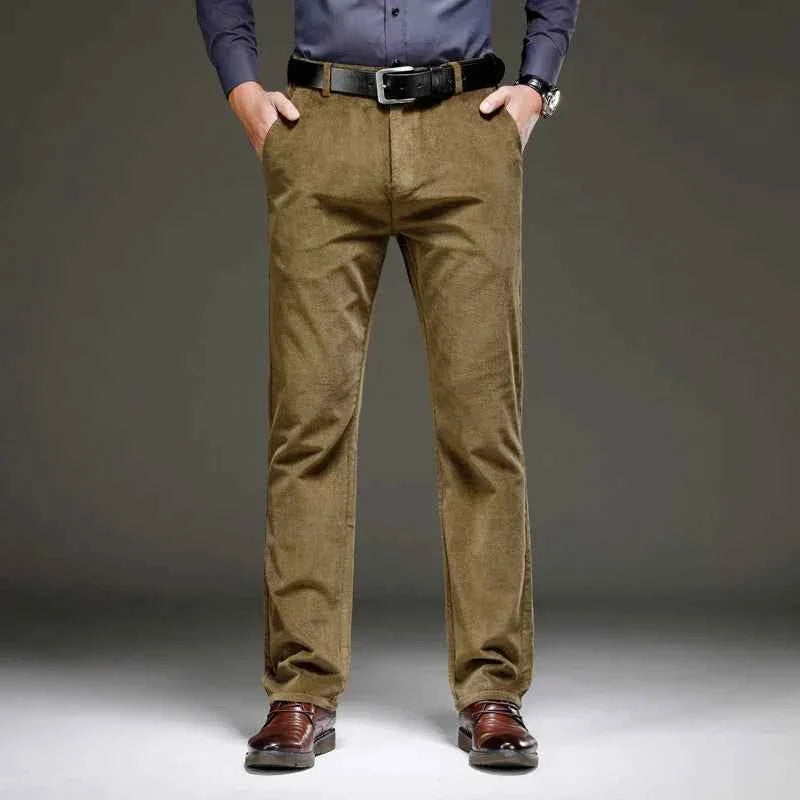 Tailored olive-brown corduroy pants with zip fly, button closure and belt loops