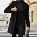 Black Tailored Single-Breasted Overcoat worn by a male model, highlighting the notch lapels, button front, flap pockets, and tailored construction.