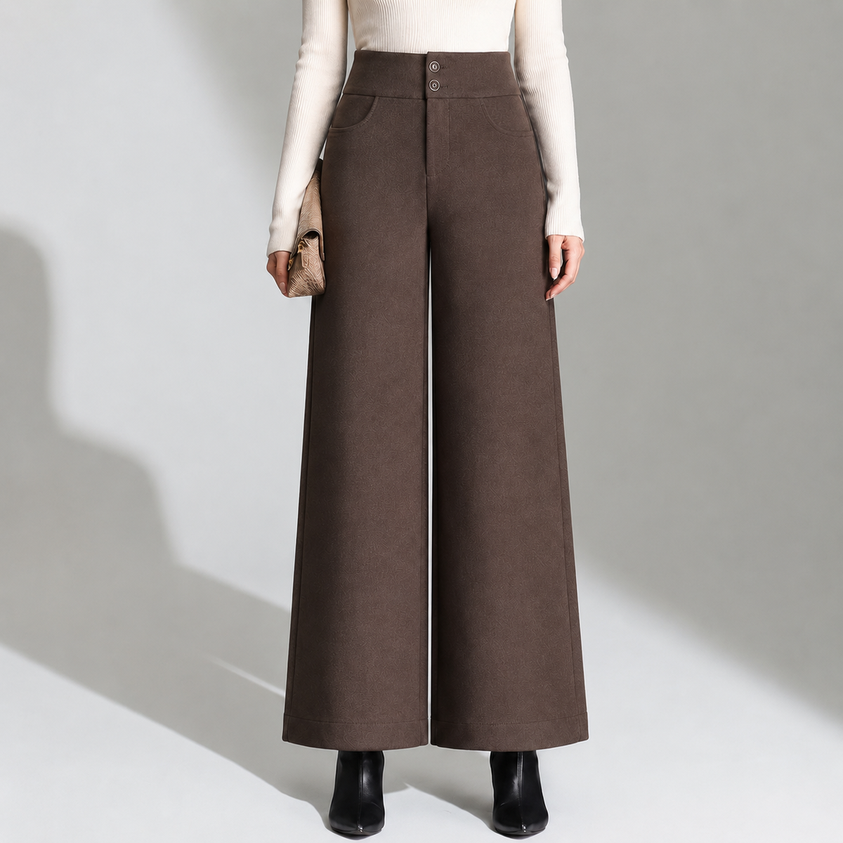 Front view of a model wearing high-waisted dark brown tailored wide-leg wool pants featuring a two-button high waistband and side pockets, paired with a white long-sleeve top and black boots.