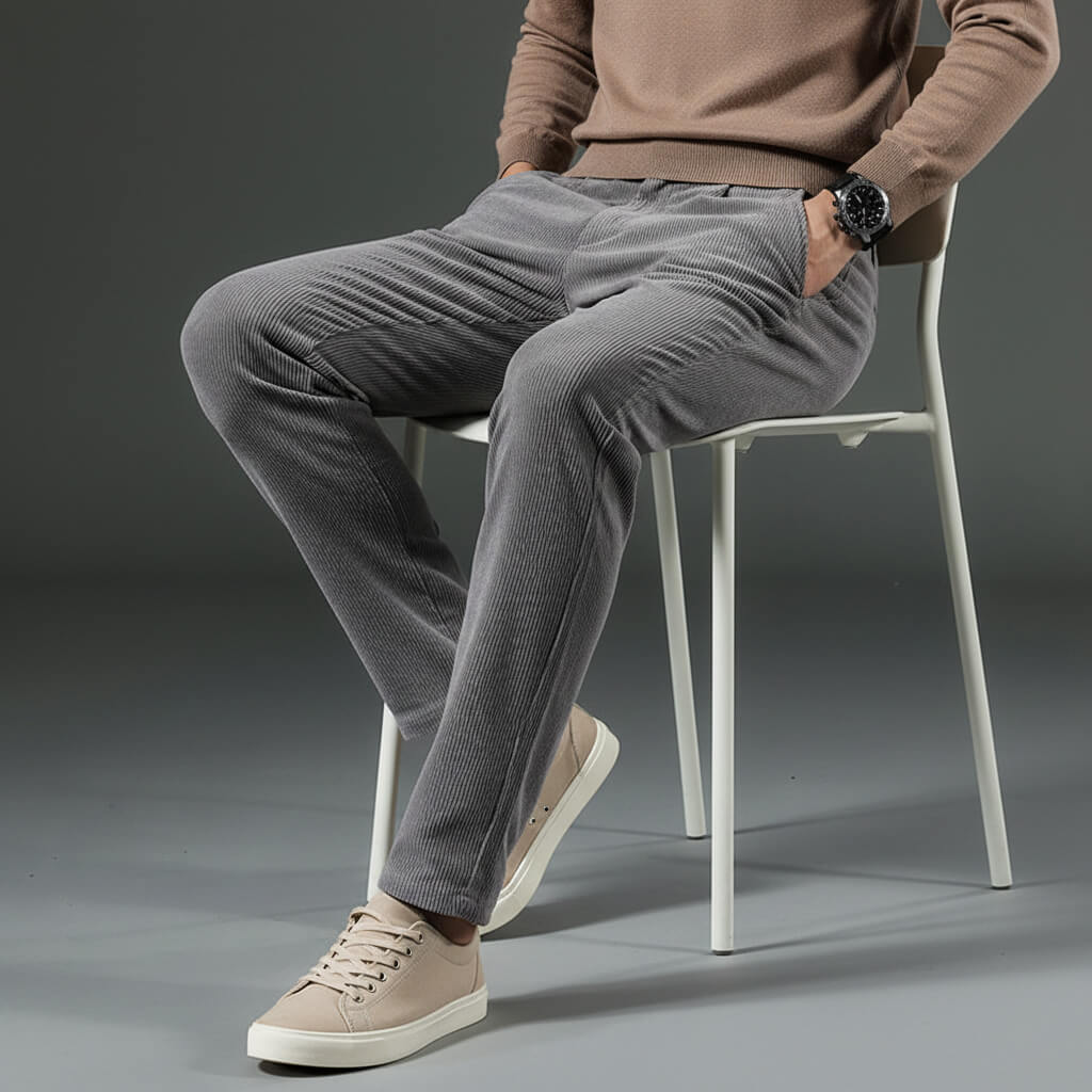 Gray tapered corduroy pants shown in a seated pose with stretch fit