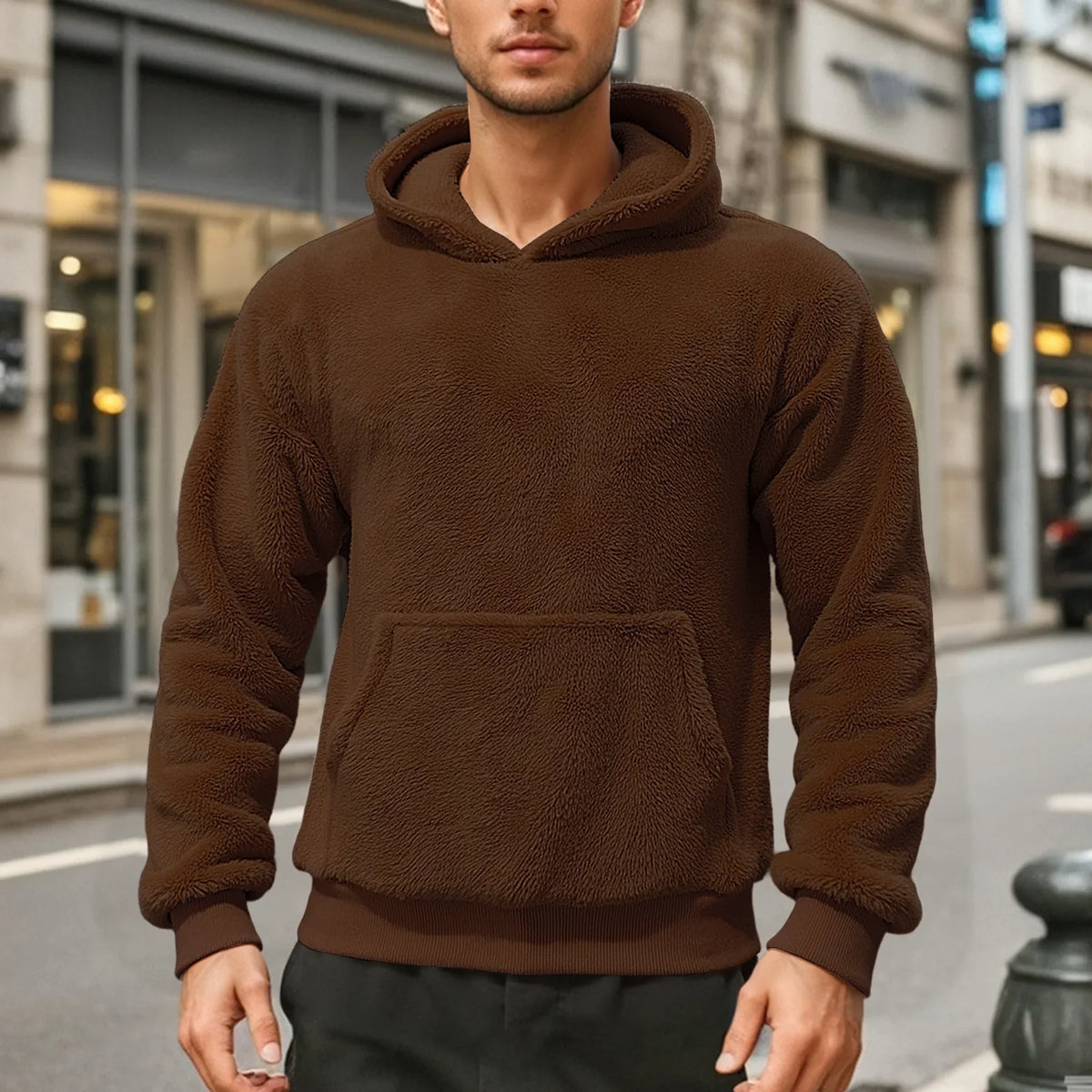 Brown teddy fleece hoodie worn by a male model, shown from the front with a kangaroo pocket.