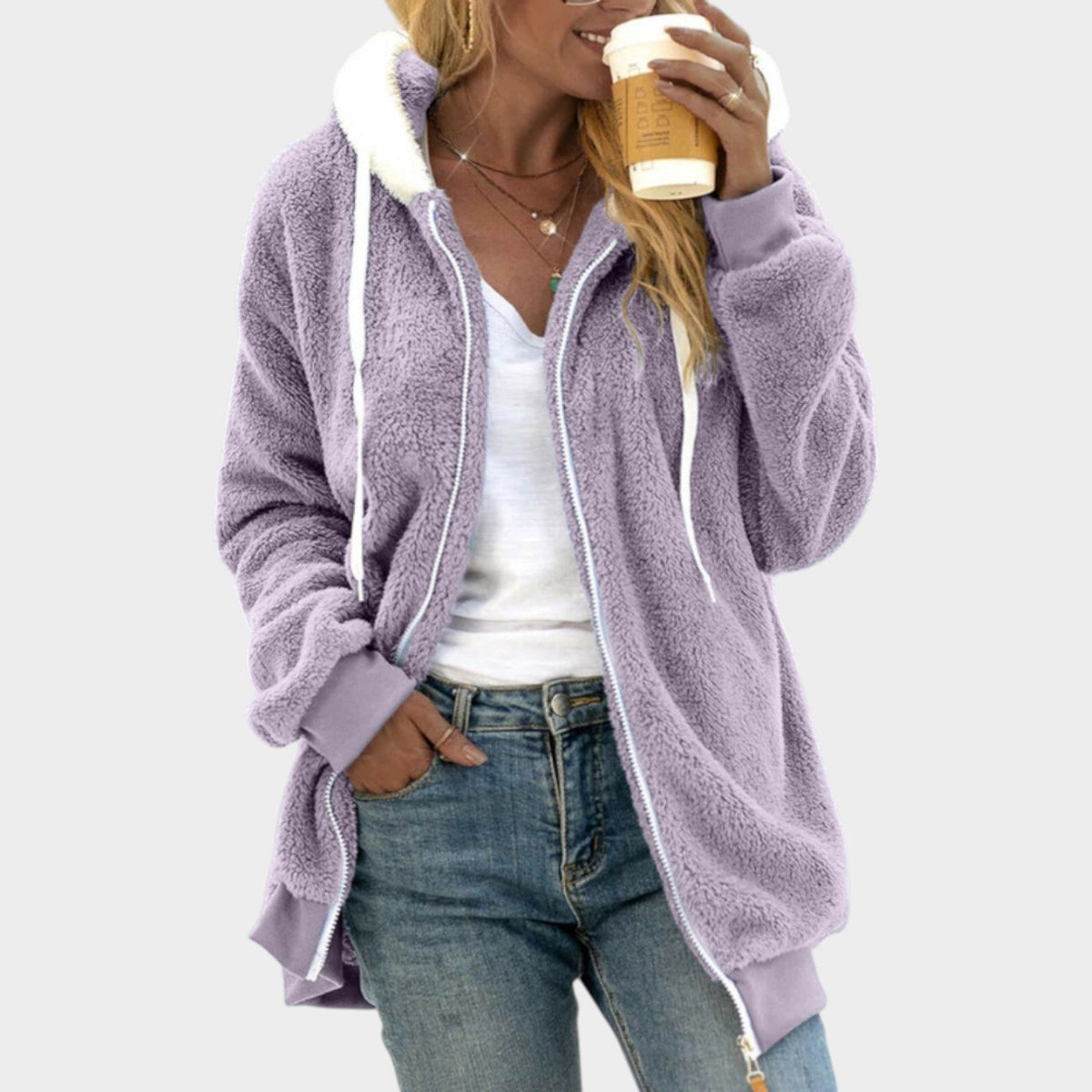 Teddy Fleece Zip-Up Hoodie – Purple teddy fleece hoodie worn by a female model with contrast sherpa trim and side pockets