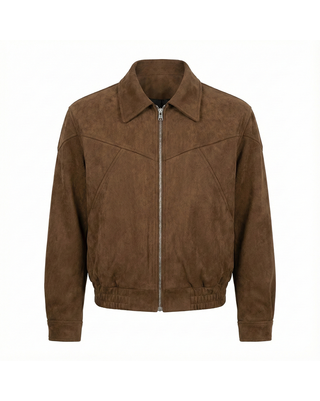 Brown suede bomber jacket with a point collar, silver zip-front closure, and elasticized hem on a white background.
