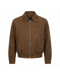 Brown suede bomber jacket with a point collar, silver zip-front closure, and elasticized hem on a white background.