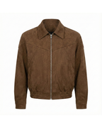 Brown suede bomber jacket with a point collar, silver zip-front closure, and elasticized hem on a white background.