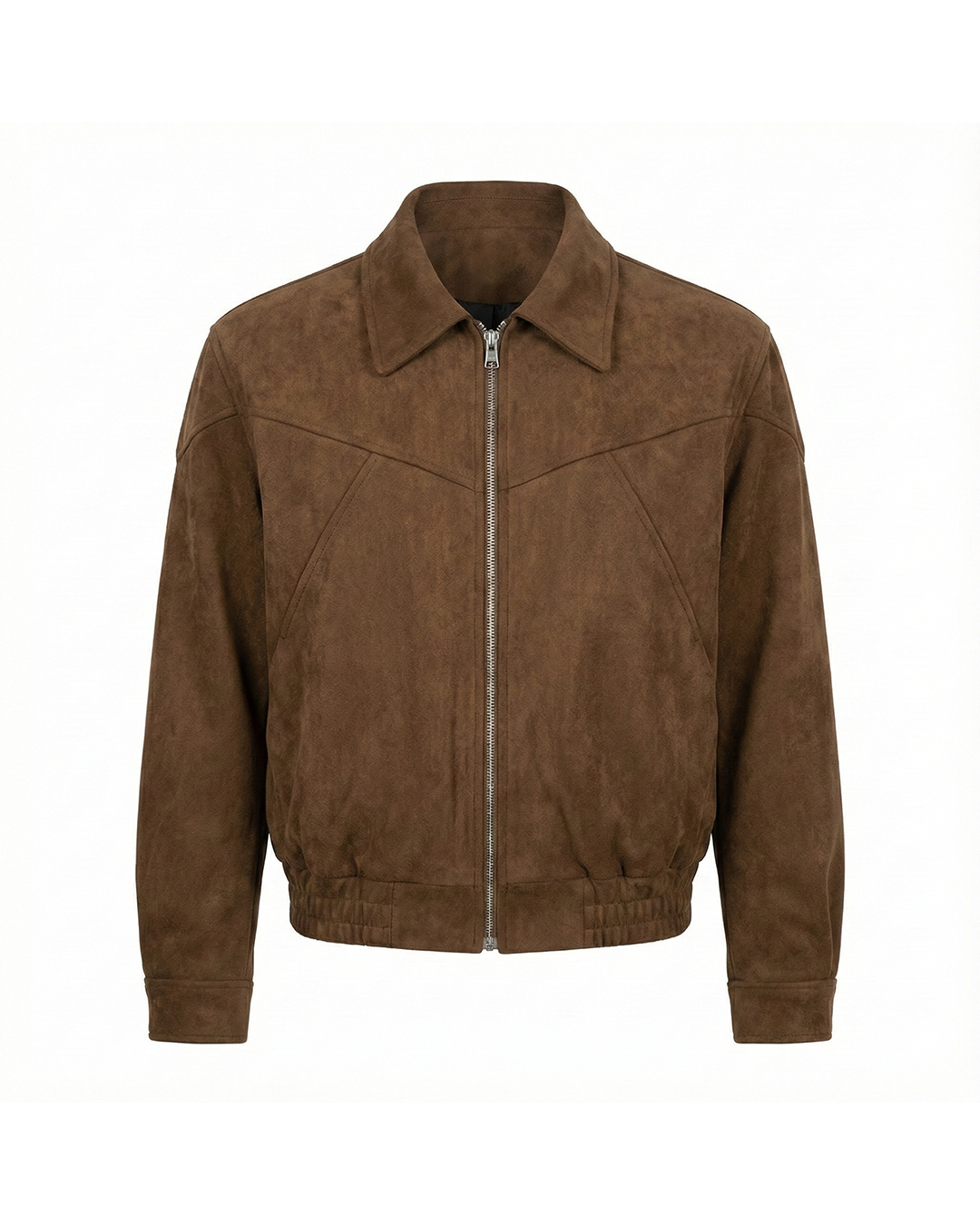 Brown suede bomber jacket with a point collar, silver zip-front closure, and elasticized hem on a white background.