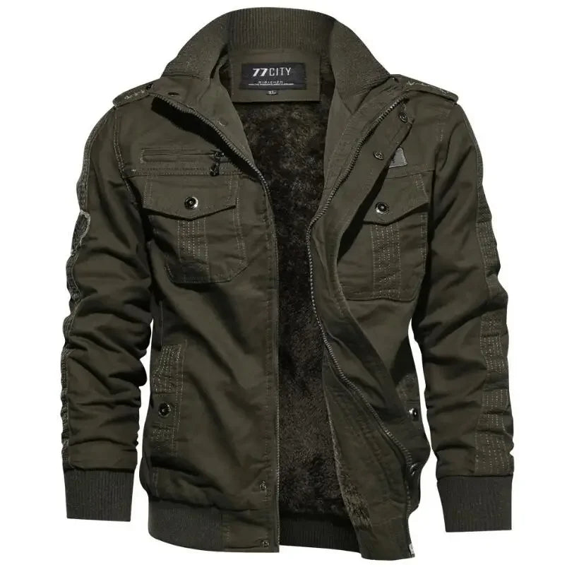 Front product view of the open army green utility field jacket displaying the soft fleece lining, high stand collar, zipper placket, and multiple chest utility pockets.