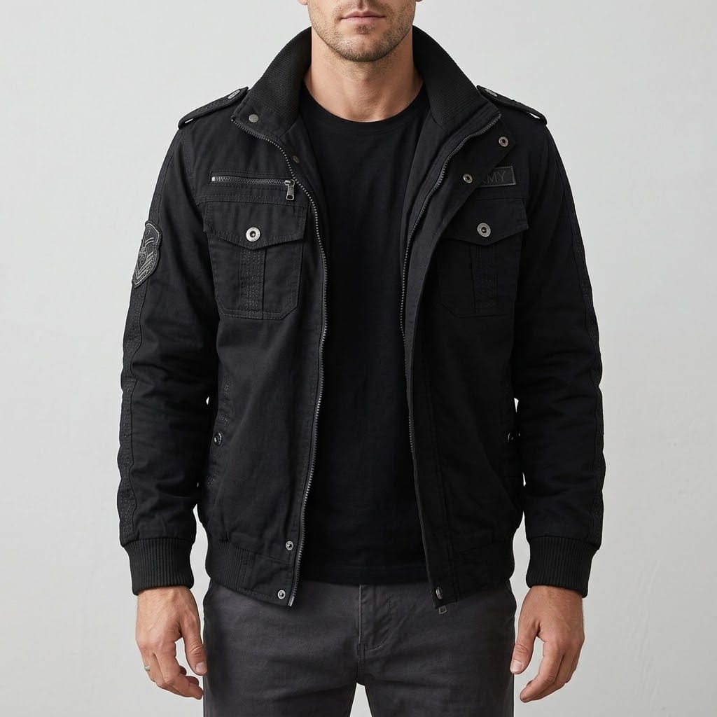 Front view of a model wearing the utility field jacket in black, featuring a high stand collar, shoulder epaulets, ribbed hem, and dual flap chest pockets paired with a black crewneck top.