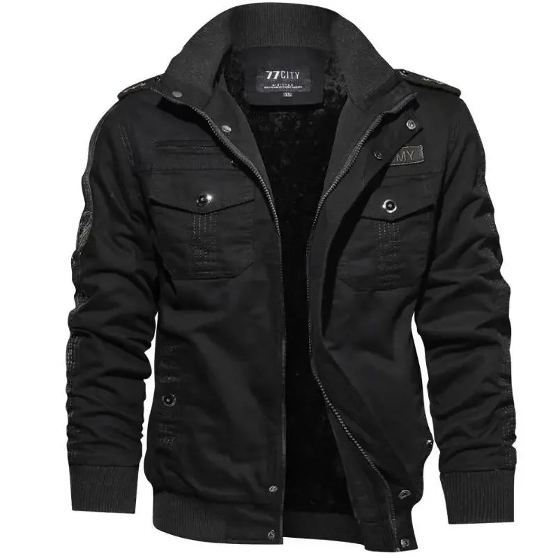 Front product view of the black utility field jacket displaying the open zip front, dark fleece lining, high collar, and flap pockets.