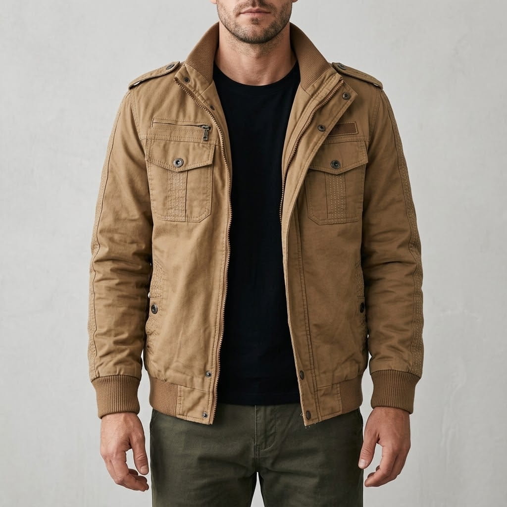 Front view of a model wearing the utility field jacket in tan over a black t-shirt, showing the stand collar, ribbed hem, and chest flap pockets.