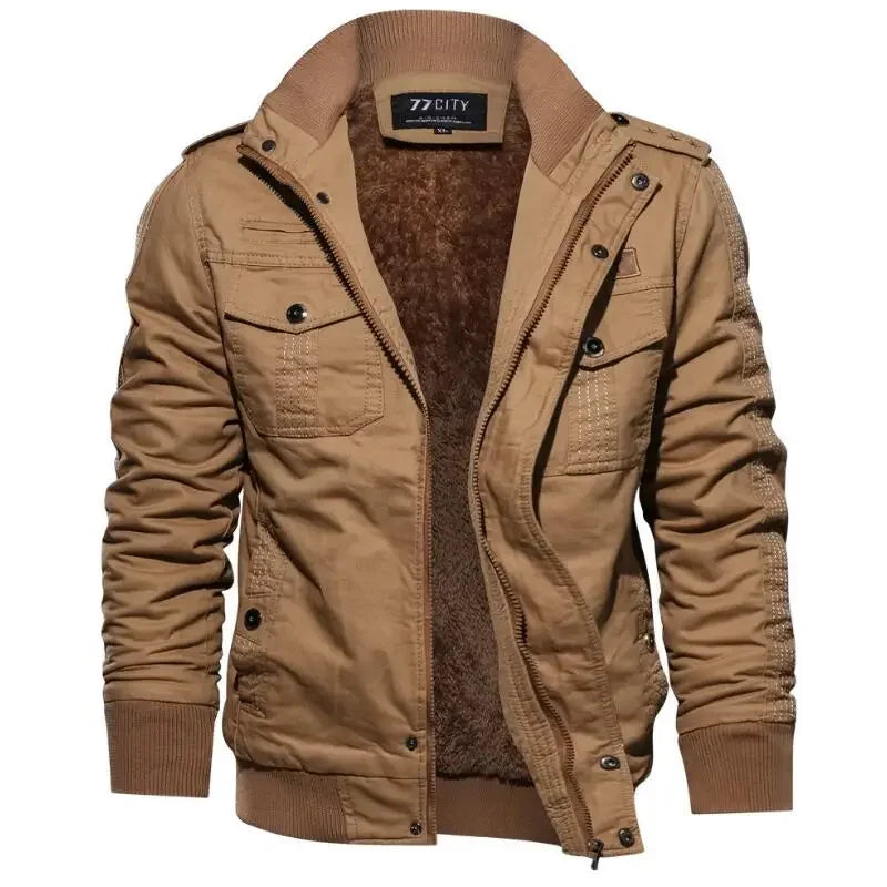 Front product view of the tan utility field jacket showing the warm fleece lining, open front zipper, and button-flap utility pockets.