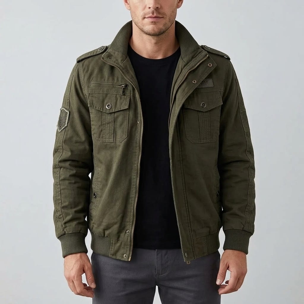 Front view of a model wearing an open army green utility field jacket featuring a high stand collar, shoulder epaulets, ribbed cuffs, ribbed hem, button-flap chest pockets, and a sleeve patch.