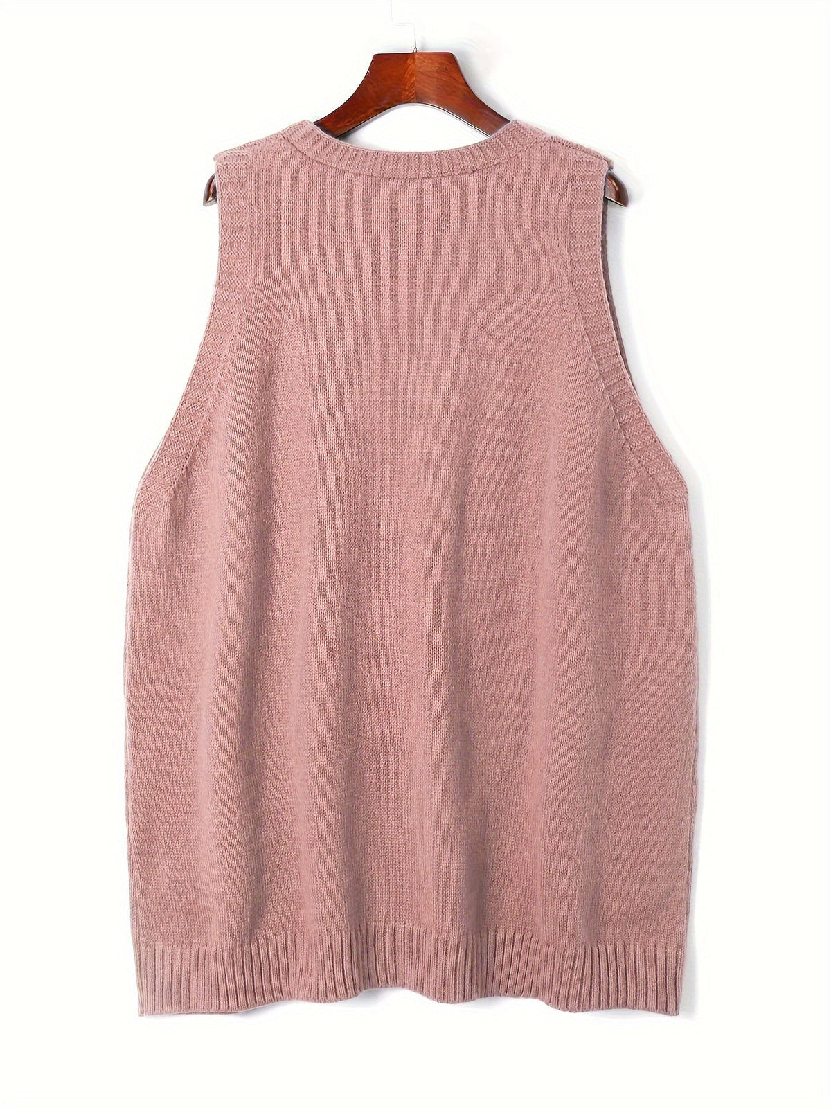 Back product hanging view of the fuzzy knit V-neck sweater vest in dusty rose pink.