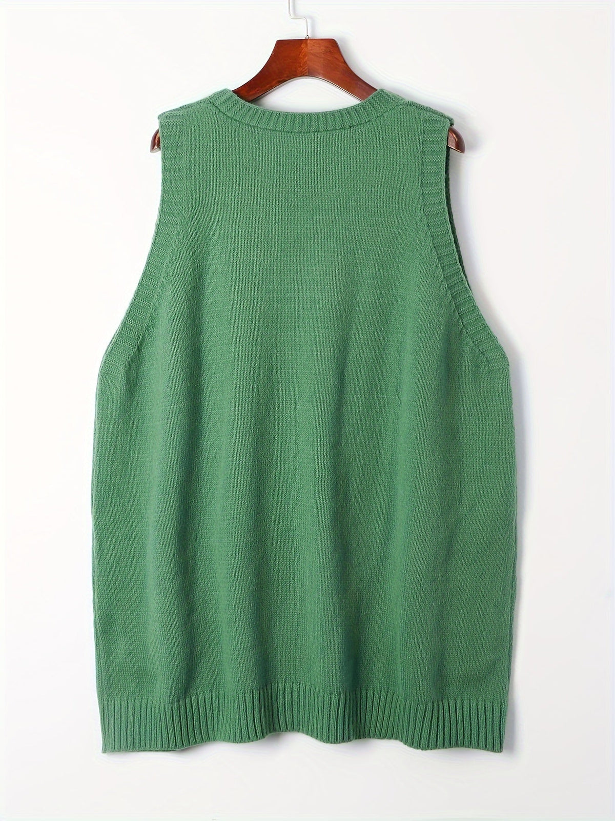 Back product hanging view of the fuzzy knit V-neck sweater vest in sage green.