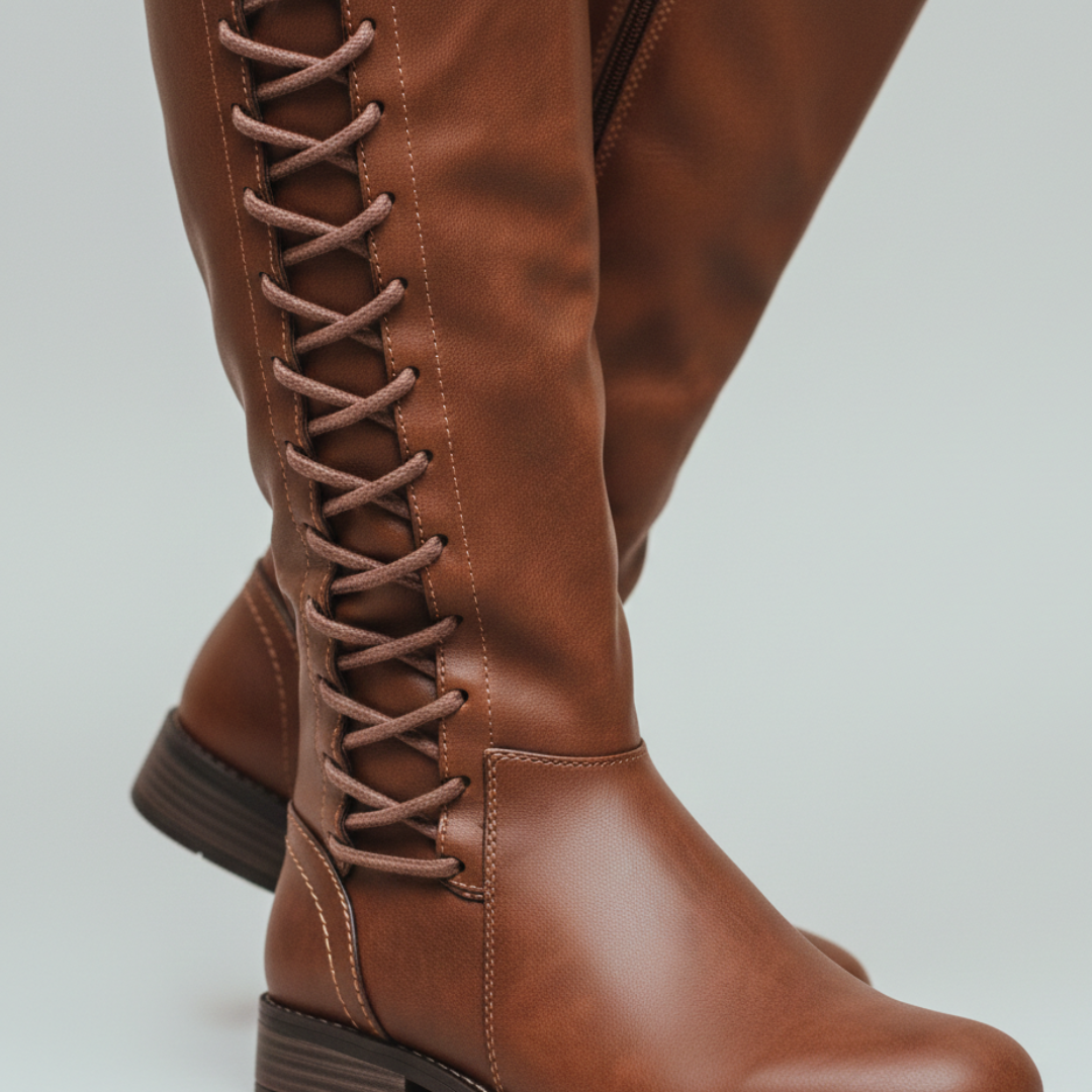 Close-up of brown knee-high leather boots featuring lace-up back detailing, a side zipper, and a low block heel.