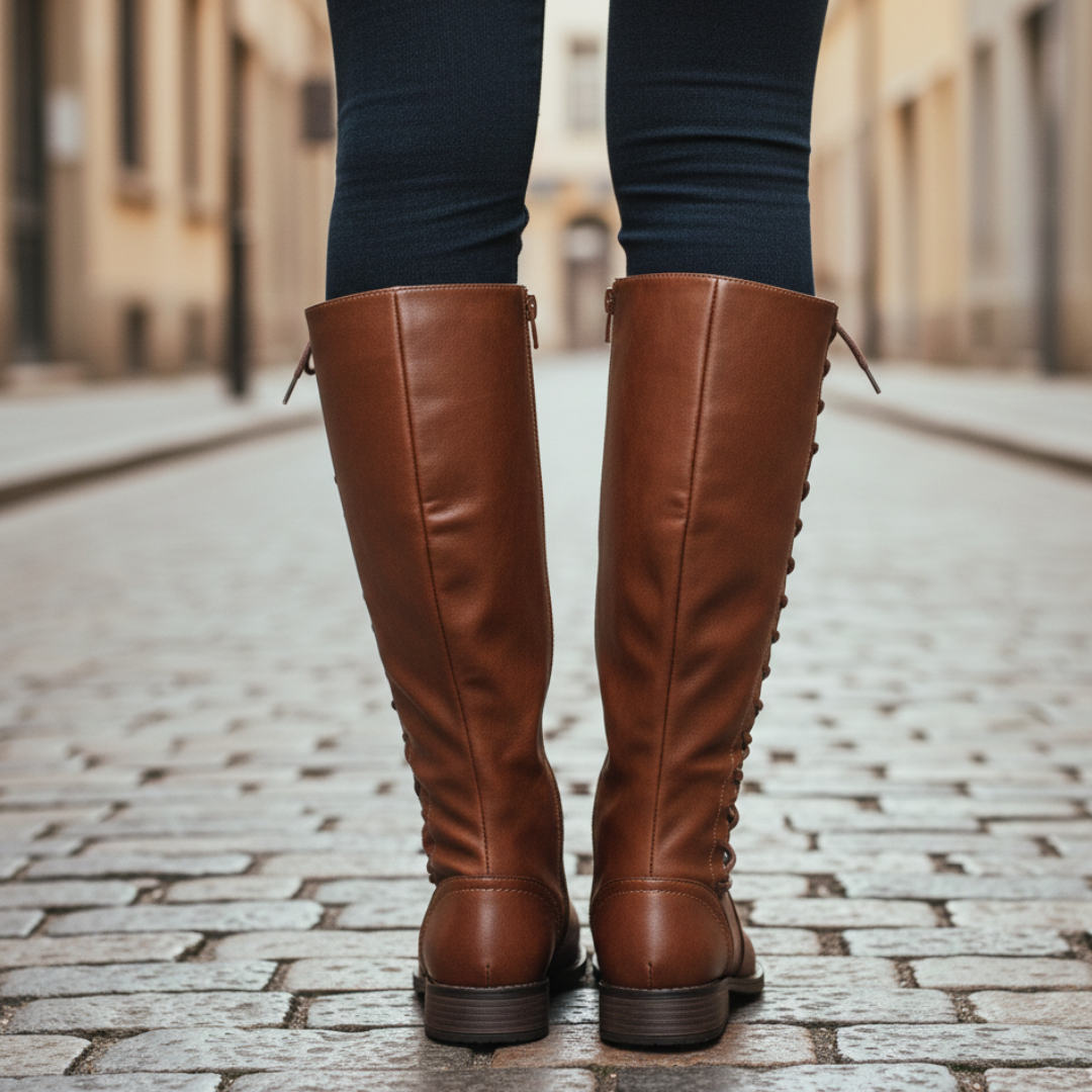 Back view of brown knee-high leather boots with lace-up detailing and low block heels, worn on a cobblestone street.