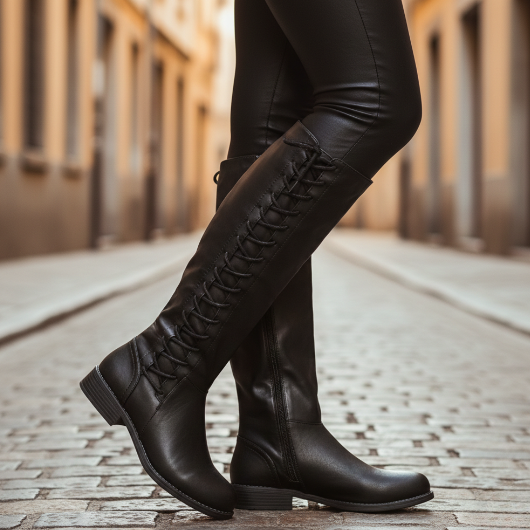 Black knee-high leather boots with lace-up back detailing and low block heels, styled with black leggings in an urban setting.
