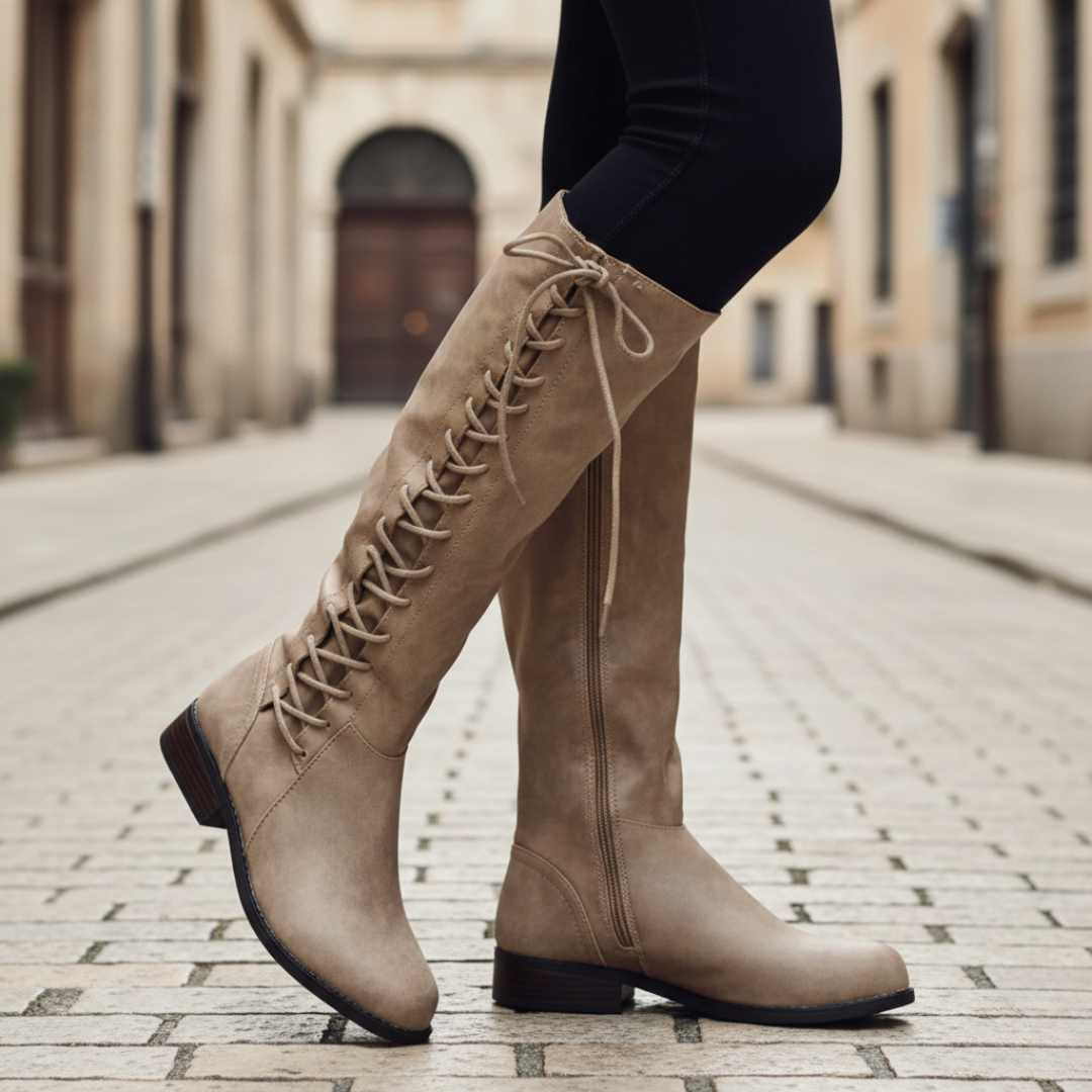 Beige knee-high leather boots featuring lace-up back detailing, a side zipper, and low block heels, worn on a cobblestone street.