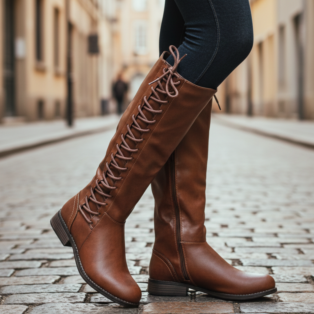 Brown knee-high leather boots with lace-up back detailing and a low block heel, worn on a cobblestone street.