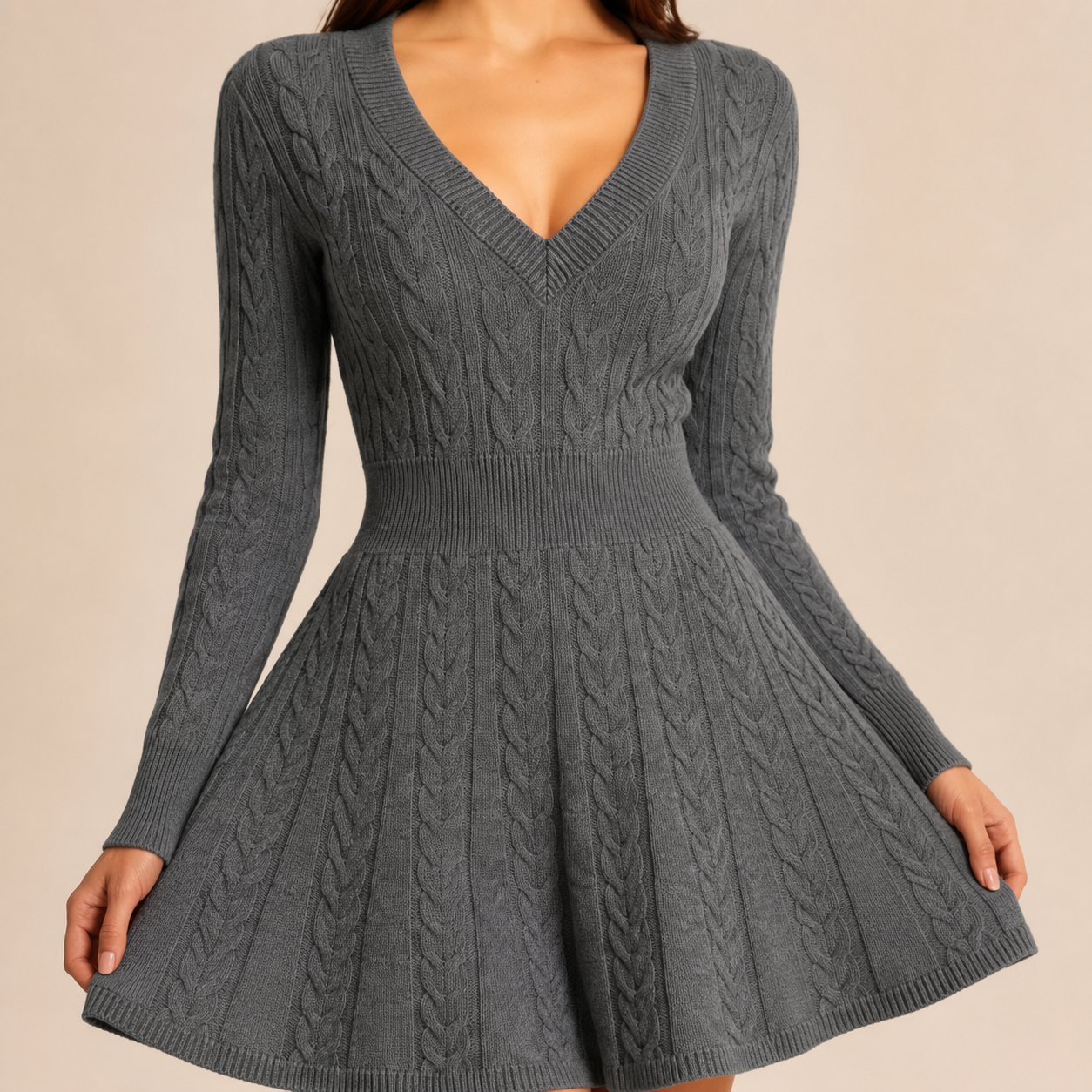 Valeria Cable Knit Sweater Dress – V-Neck Empire Waist Skater Mini