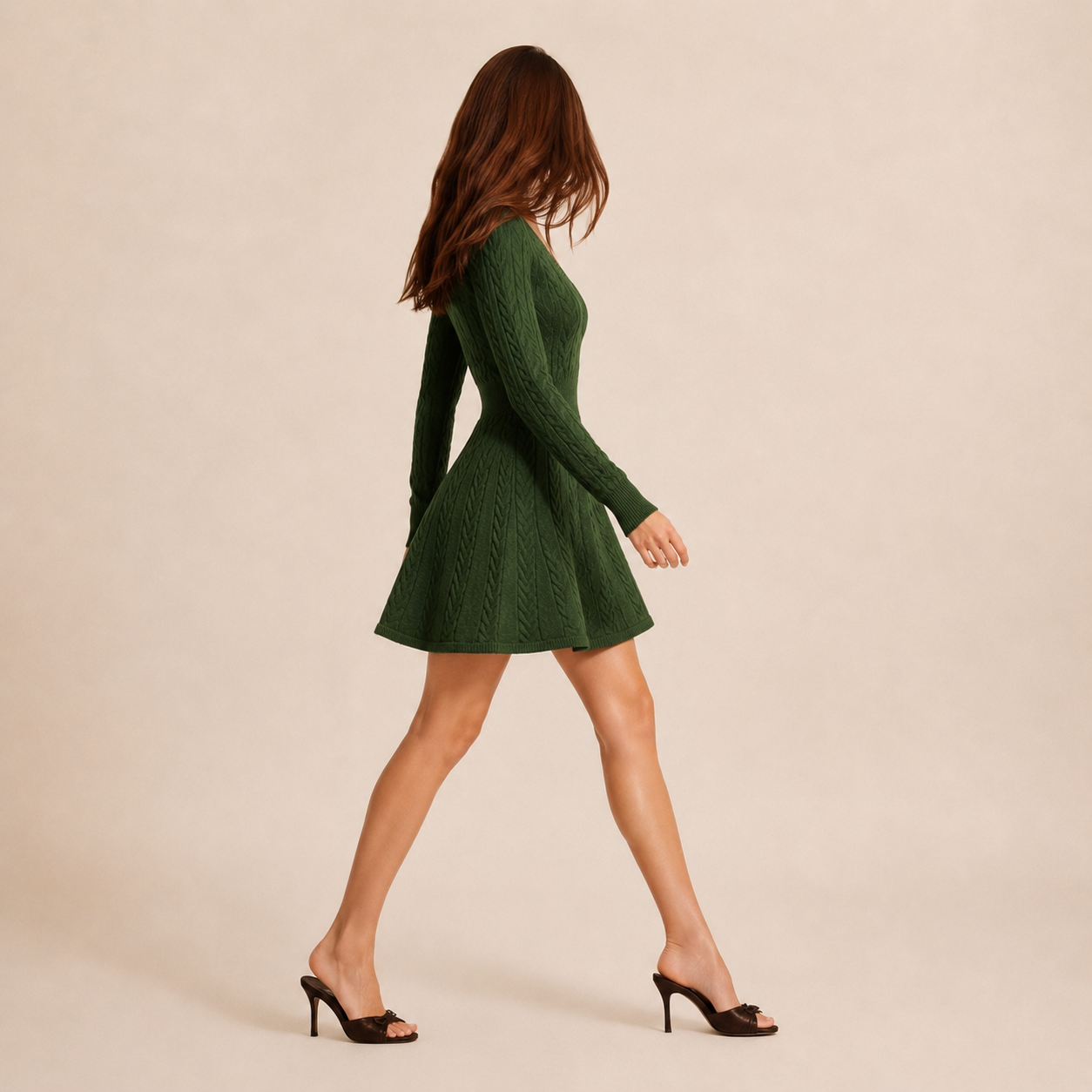 Valeria Cable Knit Sweater Dress – V-Neck Empire Waist Skater Mini