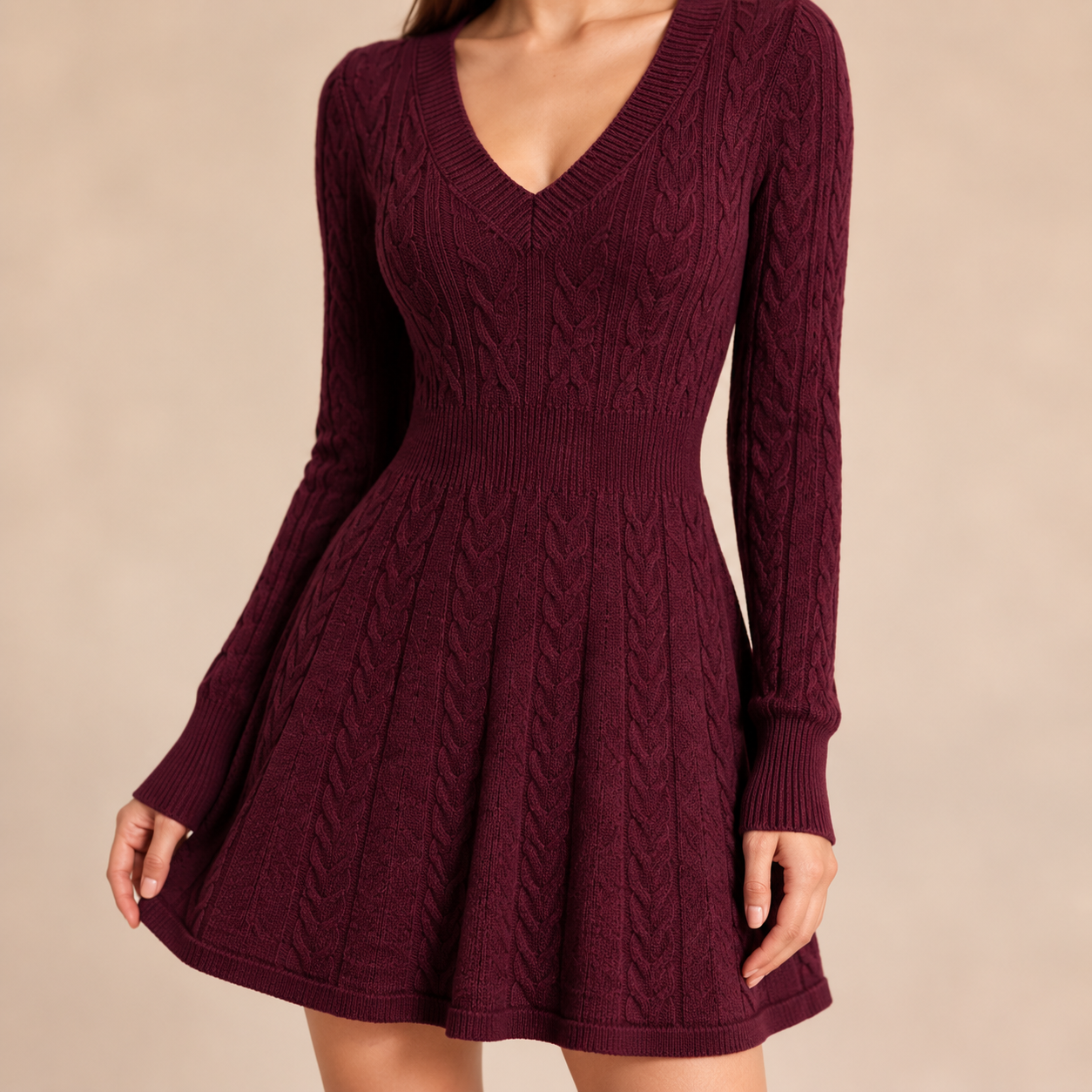 Valeria Cable Knit Sweater Dress – V-Neck Empire Waist Skater Mini