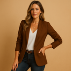 Structured brown tailored blazer with notched lapels, worn over a white top and dark denim jeans.